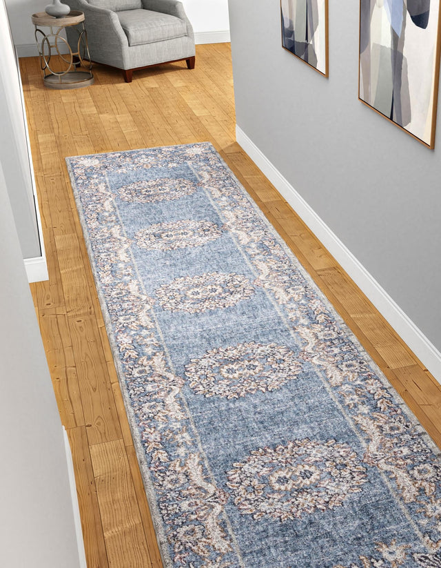Harbor Blue 2' x 6' Eco Traditional Runner Area Rug 100% Recycled Space Dyed Polyester With Cotton Backing Classic Pattern Carpet for Living, Dining, Office Space for Sale at Rug Engine