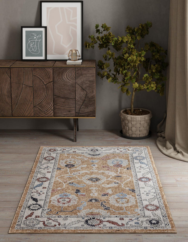 Almond Beige 5' 3 x 8' Eco Traditional Rectangle Area Rug 100% Recycled Space Dyed Polyester With Cotton Backing Classic Pattern Carpet for Living, Dining, Office Space for Sale at Rug Engine