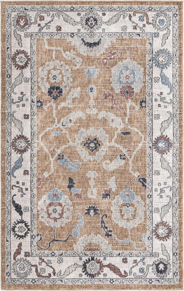 Almond Beige 5' 3 x 8' Eco Traditional Rectangle Area Rug 100% Recycled Space Dyed Polyester With Cotton Backing Classic Pattern Carpet for Living, Dining, Office Space for Sale at Rug Engine