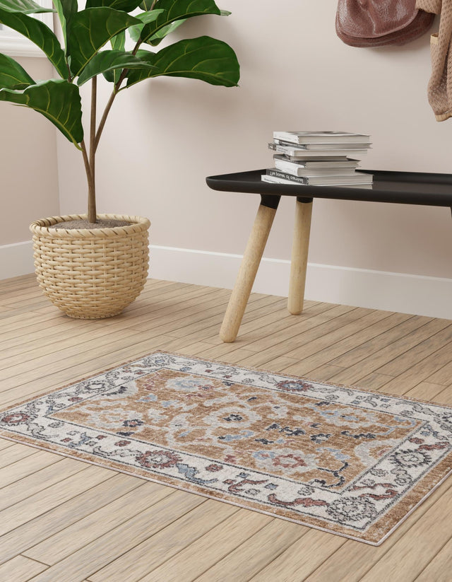 Almond Beige 5' 3 x 8' Eco Traditional Rectangle Area Rug 100% Recycled Space Dyed Polyester With Cotton Backing Classic Pattern Carpet for Living, Dining, Office Space for Sale at Rug Engine