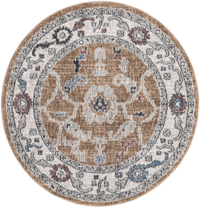 Almond Beige 3' 3 x 3' 3 Eco Traditional Round Area Rug 100% Recycled Space Dyed Polyester With Cotton Backing Classic Pattern Carpet for Living, Dining, Office Space for Sale at Rug Engine