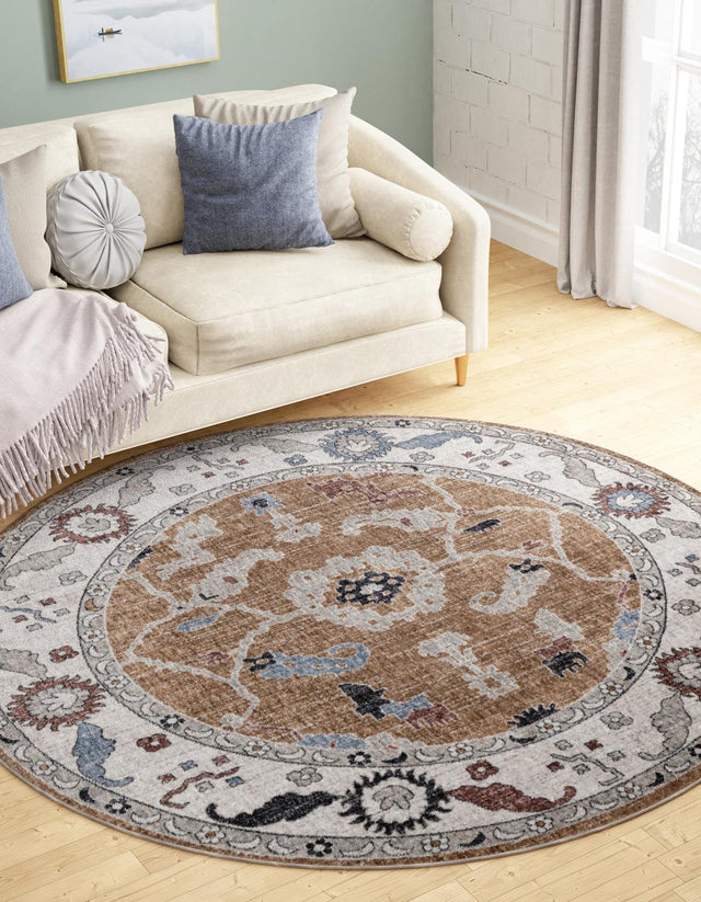 Almond Beige 3' 3 x 3' 3 Eco Traditional Round Area Rug 100% Recycled Space Dyed Polyester With Cotton Backing Classic Pattern Carpet for Living, Dining, Office Space for Sale at Rug Engine