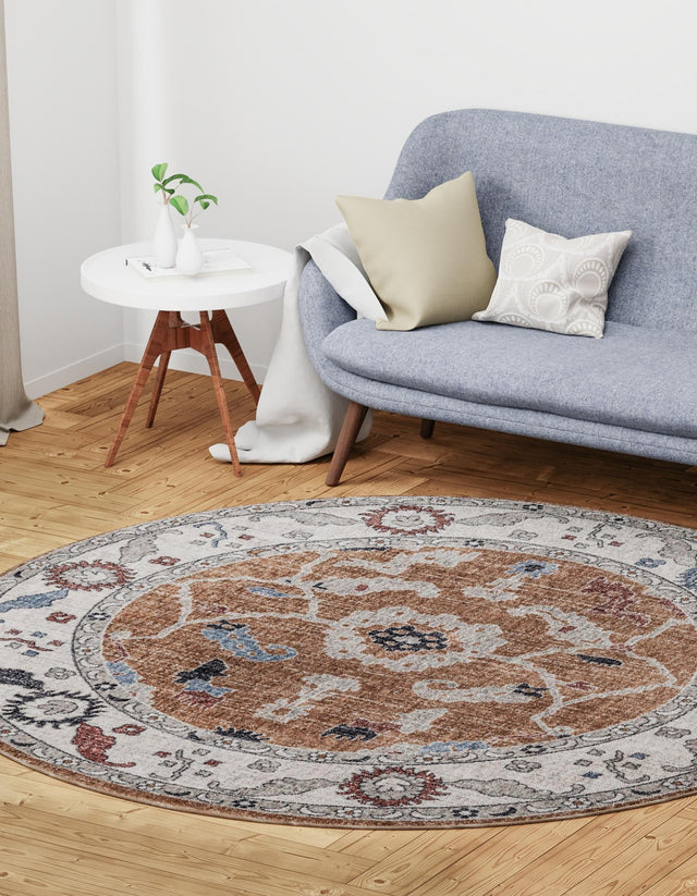 Almond Beige 3' 3 x 3' 3 Eco Traditional Round Area Rug 100% Recycled Space Dyed Polyester With Cotton Backing Classic Pattern Carpet for Living, Dining, Office Space for Sale at Rug Engine