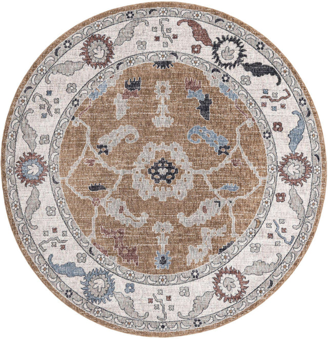 Almond Beige 7' x 7' Eco Traditional Round Area Rug 100% Recycled Space Dyed Polyester With Cotton Backing Classic Pattern Carpet for Living, Dining, Office Space for Sale at Rug Engine