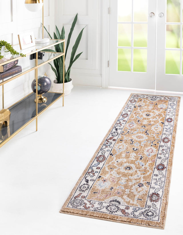 Almond Beige 2' x 8' Eco Traditional Runner Area Rug 100% Recycled Space Dyed Polyester With Cotton Backing Classic Pattern Carpet for Living, Dining, Office Space for Sale at Rug Engine