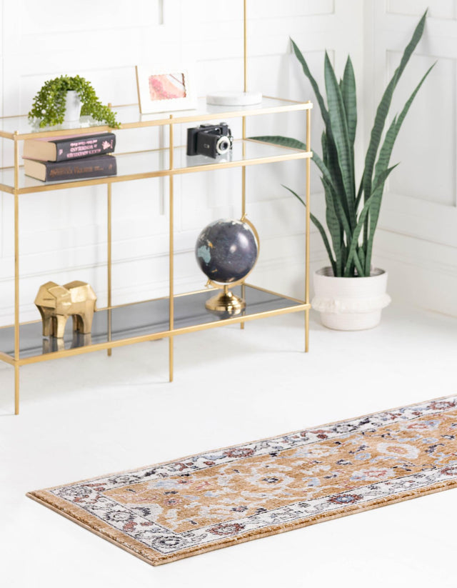 Almond Beige 2' x 6' Eco Traditional Runner Area Rug 100% Recycled Space Dyed Polyester With Cotton Backing Classic Pattern Carpet for Living, Dining, Office Space for Sale at Rug Engine