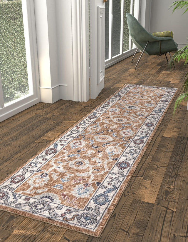 Almond Beige 2' x 8' Eco Traditional Runner Area Rug 100% Recycled Space Dyed Polyester With Cotton Backing Classic Pattern Carpet for Living, Dining, Office Space for Sale at Rug Engine