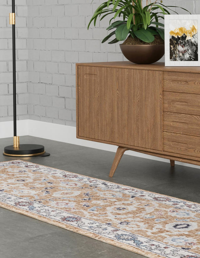Almond Beige 2' x 8' Eco Traditional Runner Area Rug 100% Recycled Space Dyed Polyester With Cotton Backing Classic Pattern Carpet for Living, Dining, Office Space for Sale at Rug Engine