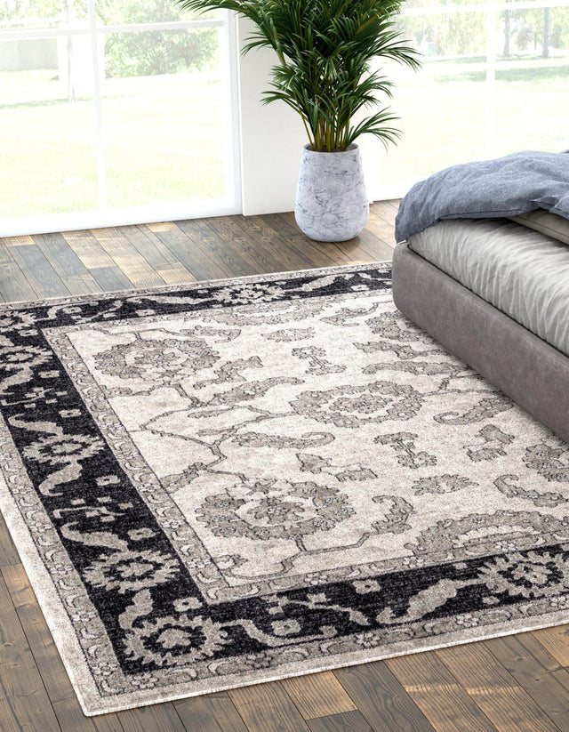 Ivory Gray 7' 10 x 10' Eco Traditional Rectangle Area Rug 100% Recycled Space Dyed Polyester With Cotton Backing Classic Pattern Carpet for Living, Dining, Office Space for Sale at Rug Engine