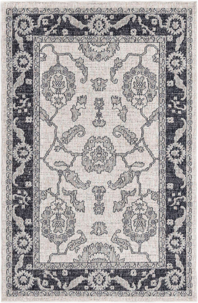 Ivory Gray 4' x 6' Eco Traditional Rectangle Area Rug 100% Recycled Space Dyed Polyester With Cotton Backing Classic Pattern Carpet for Living, Dining, Office Space for Sale at Rug Engine