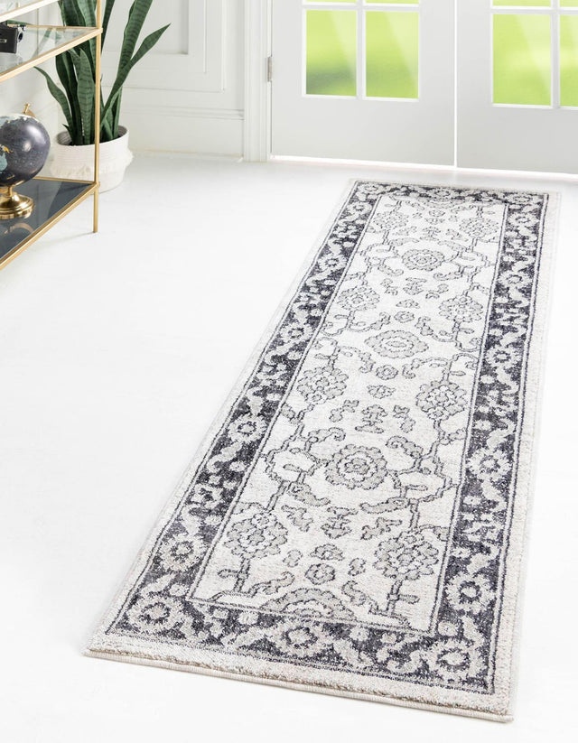 Ivory Gray 2' x 6' Eco Traditional Runner Area Rug 100% Recycled Space Dyed Polyester With Cotton Backing Classic Pattern Carpet for Living, Dining, Office Space for Sale at Rug Engine