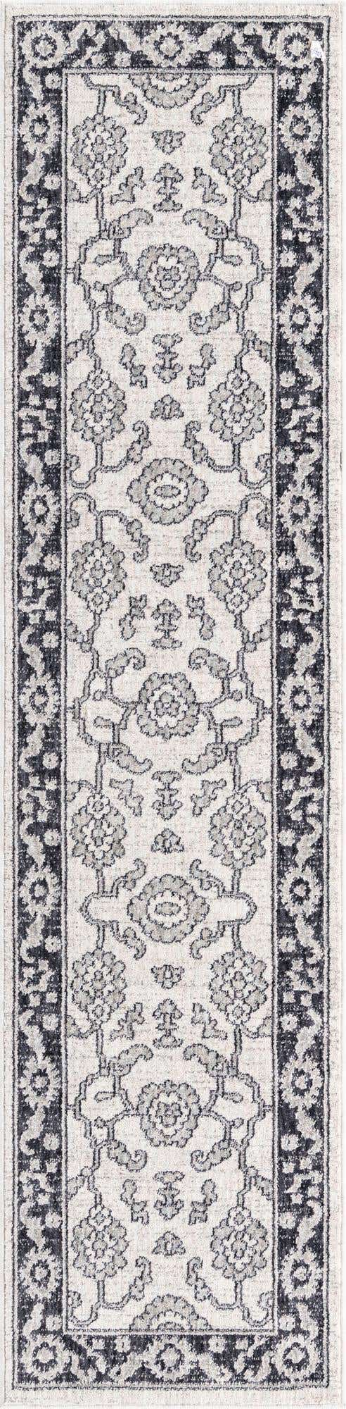 Ivory Gray 2' x 8' Eco Traditional Runner Area Rug 100% Recycled Space Dyed Polyester With Cotton Backing Classic Pattern Carpet for Living, Dining, Office Space for Sale at Rug Engine