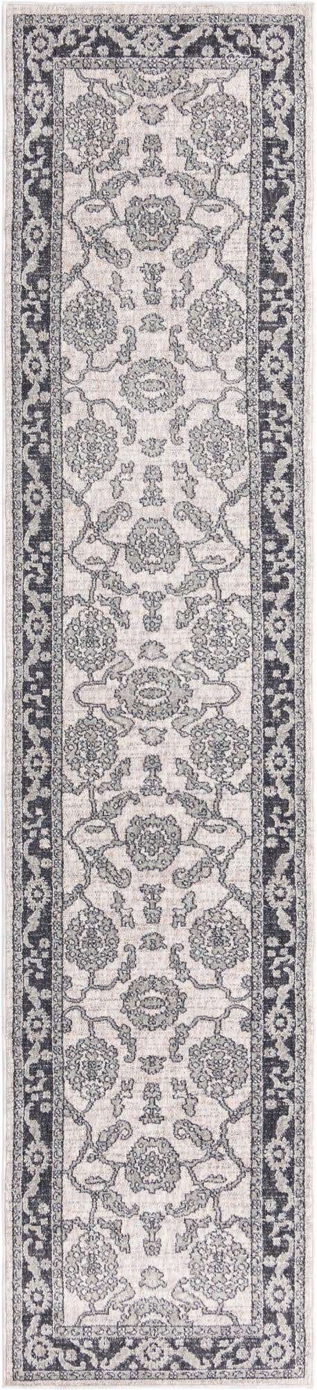 Ivory Gray 2' 7 x 12' Eco Traditional Runner Area Rug 100% Recycled Space Dyed Polyester With Cotton Backing Classic Pattern Carpet for Living, Dining, Office Space for Sale at Rug Engine