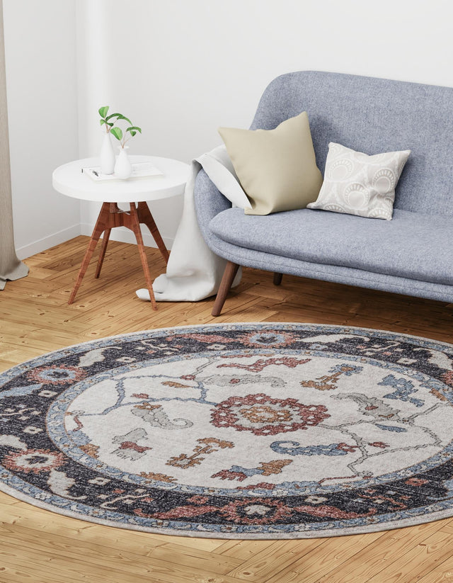 Ivory 7' x 7' Eco Traditional Round Area Rug 100% Recycled Space Dyed Polyester With Cotton Backing Classic Pattern Carpet for Living, Dining, Office Space for Sale at Rug Engine