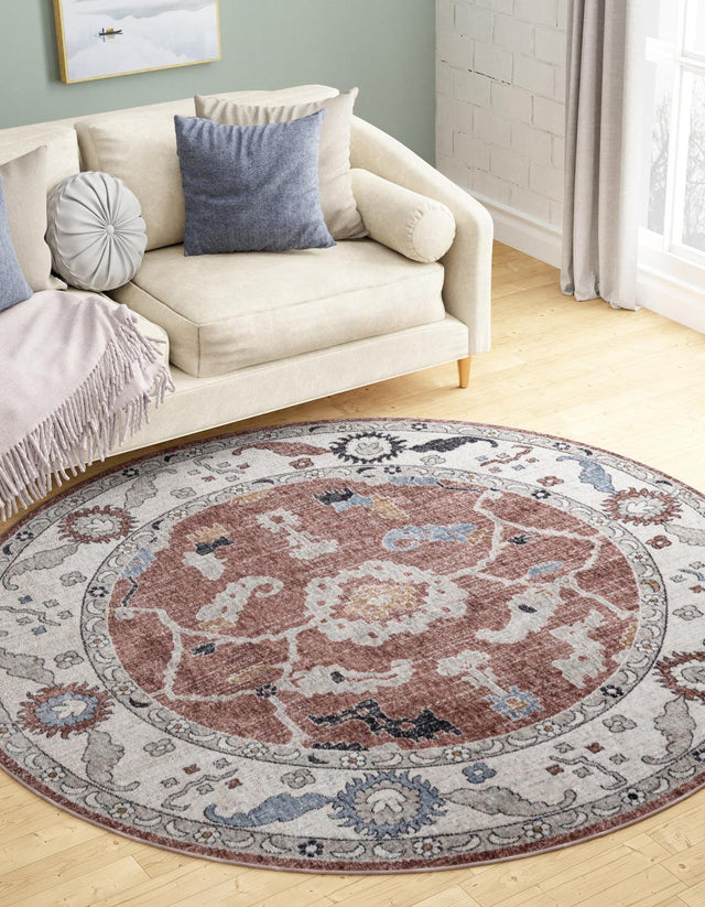 Dusty Rose 7' x 7' Eco Traditional Round Area Rug 100% Recycled Space Dyed Polyester With Cotton Backing Classic Pattern Carpet for Living, Dining, Office Space for Sale at Rug Engine