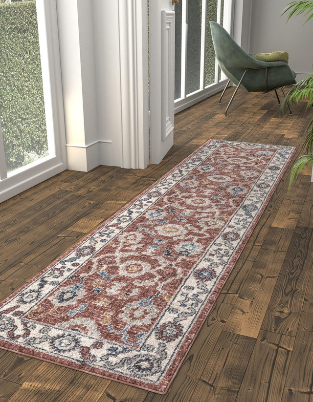 Dusty Rose 2' x 8' Eco Traditional Runner Area Rug 100% Recycled Space Dyed Polyester With Cotton Backing Classic Pattern Carpet for Living, Dining, Office Space for Sale at Rug Engine