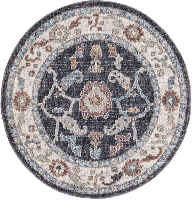 Charcoal Gray 3' 3 x 3' 3 Eco Traditional Round Area Rug 100% Recycled Space Dyed Polyester With Cotton Backing Classic Pattern Carpet for Living, Dining, Office Space for Sale at Rug Engine
