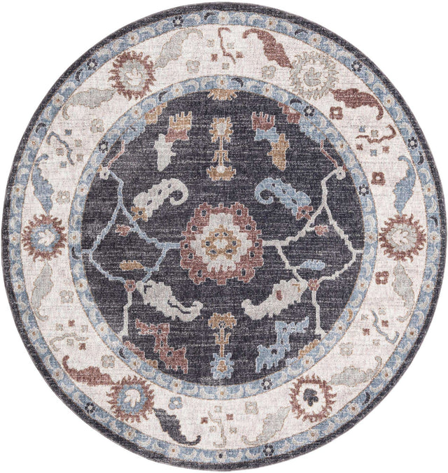 Charcoal Gray 7' x 7' Eco Traditional Round Area Rug 100% Recycled Space Dyed Polyester With Cotton Backing Classic Pattern Carpet for Living, Dining, Office Space for Sale at Rug Engine