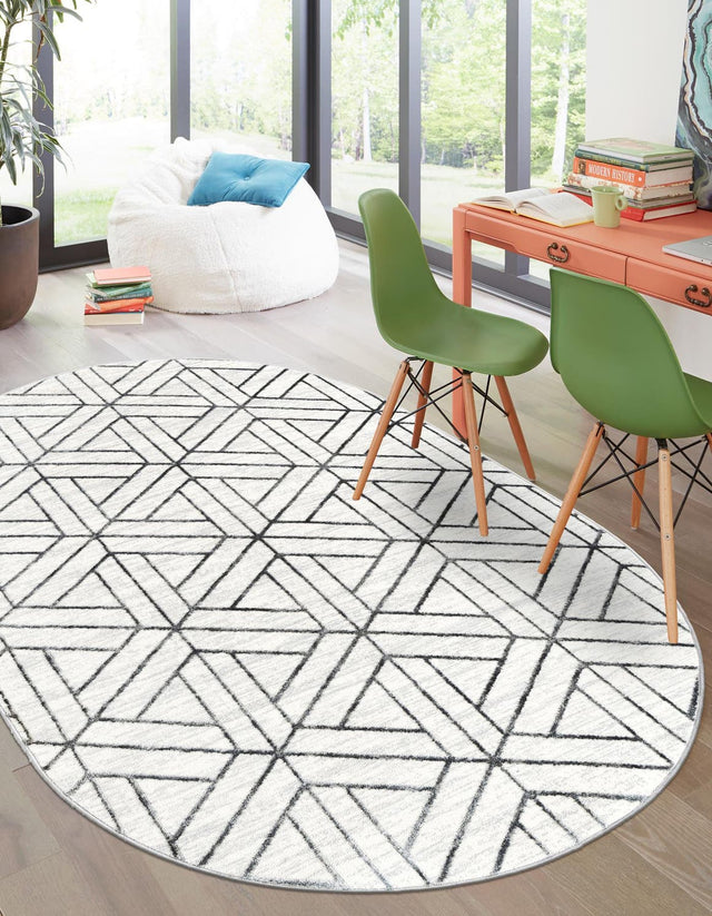 White 5' 3 x 8' Matrix Trellis Oval Area Rug 100% Polyester Geometric Pattern Modern Carpet for Living, Dining, Bedroom, Office for Sale at Rug Engine