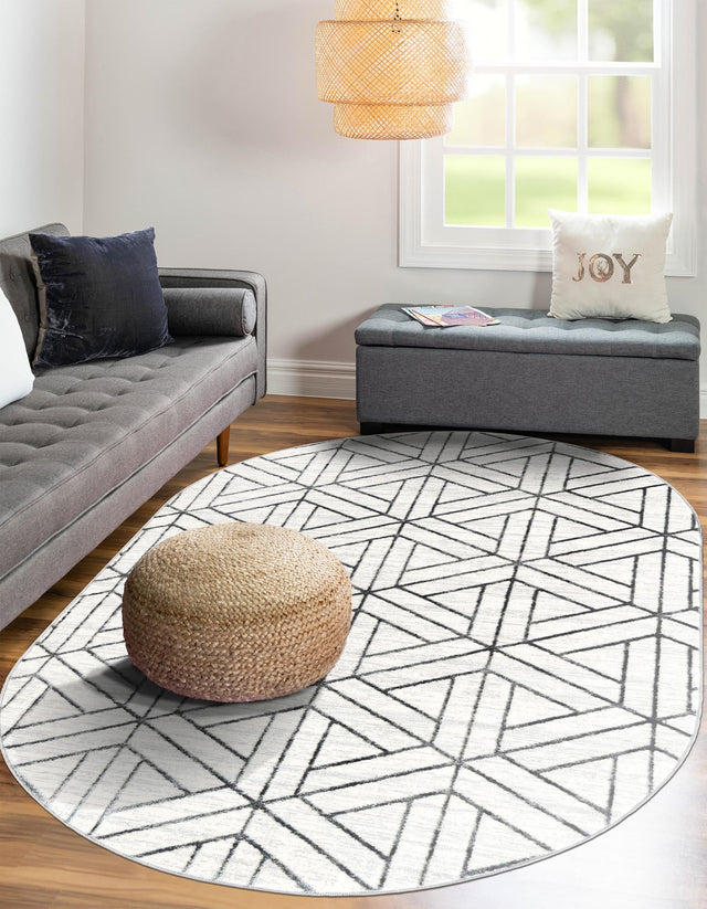 White 5' 3 x 8' Matrix Trellis Oval Area Rug 100% Polyester Geometric Pattern Modern Carpet for Living, Dining, Bedroom, Office for Sale at Rug Engine