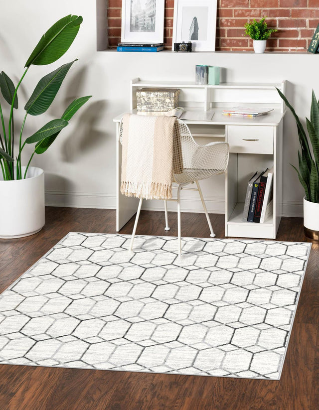 White 5' 3 x 5' 3 Matrix Trellis Square Area Rug 100% Polyester Geometric Pattern Modern Carpet for Living, Dining, Bedroom, Office for Sale at Rug Engine