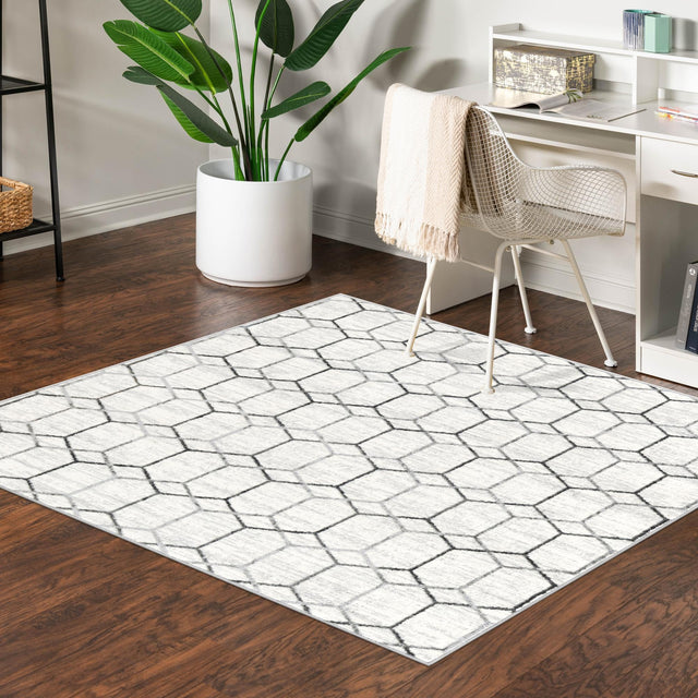 White 7' x 7' Matrix Trellis Square Area Rug 100% Polyester Geometric Pattern Modern Carpet for Living, Dining, Bedroom, Office for Sale at Rug Engine