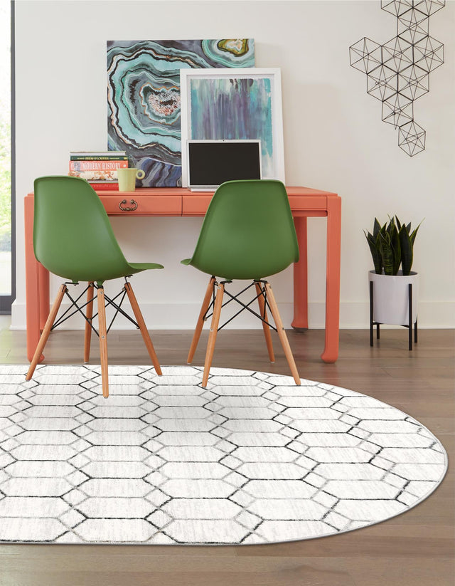 White 5' 3 x 8' Matrix Trellis Oval Area Rug 100% Polyester Geometric Pattern Modern Carpet for Living, Dining, Bedroom, Office for Sale at Rug Engine