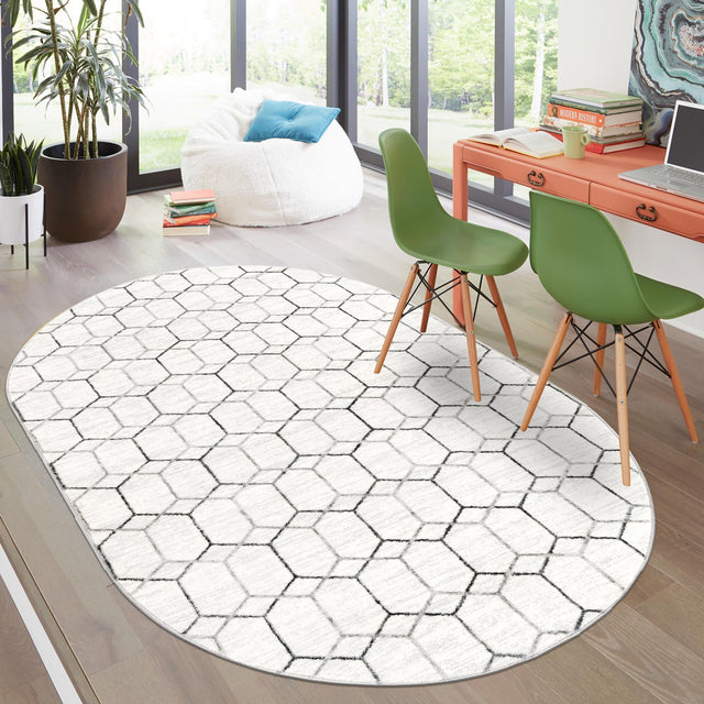 White 5' 3 x 8' Matrix Trellis Oval Area Rug 100% Polyester Geometric Pattern Modern Carpet for Living, Dining, Bedroom, Office for Sale at Rug Engine
