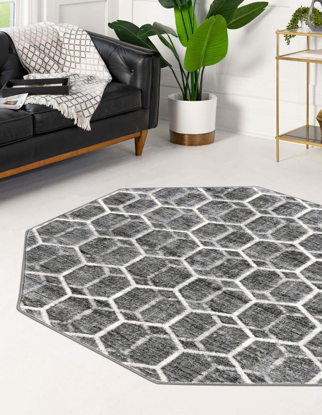 Grey 5' 3 x 5' 3 Matrix Trellis Octagon Area Rug 100% Polyester Geometric Pattern Modern Carpet for Living, Dining, Bedroom, Office for Sale at Rug Engine