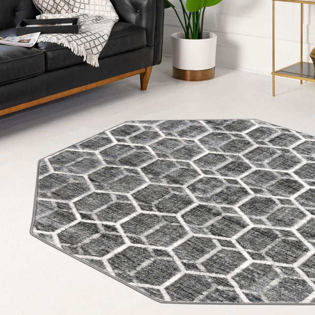 Grey 5' 3 x 5' 3 Matrix Trellis Octagon Area Rug 100% Polyester Geometric Pattern Modern Carpet for Living, Dining, Bedroom, Office for Sale at Rug Engine