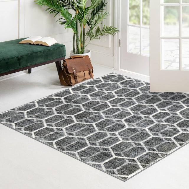 Grey 5' 3 x 5' 3 Matrix Trellis Square Area Rug 100% Polyester Geometric Pattern Modern Carpet for Living, Dining, Bedroom, Office for Sale at Rug Engine