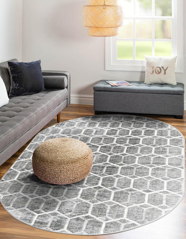 Grey 5' 3 x 8' Matrix Trellis Oval Area Rug 100% Polyester Geometric Pattern Modern Carpet for Living, Dining, Bedroom, Office for Sale at Rug Engine