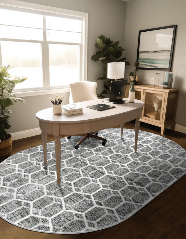 Grey 5' 3 x 8' Matrix Trellis Oval Area Rug 100% Polyester Geometric Pattern Modern Carpet for Living, Dining, Bedroom, Office for Sale at Rug Engine