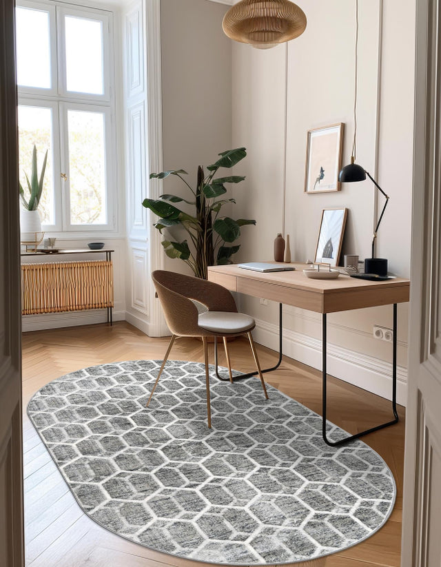Grey 5' 3 x 8' Matrix Trellis Oval Area Rug 100% Polyester Geometric Pattern Modern Carpet for Living, Dining, Bedroom, Office for Sale at Rug Engine