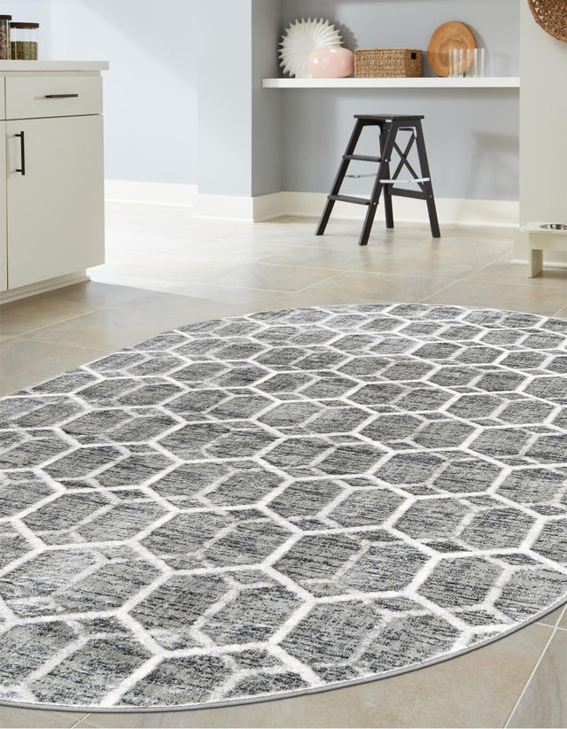 Grey 5' 3 x 8' Matrix Trellis Oval Area Rug 100% Polyester Geometric Pattern Modern Carpet for Living, Dining, Bedroom, Office for Sale at Rug Engine