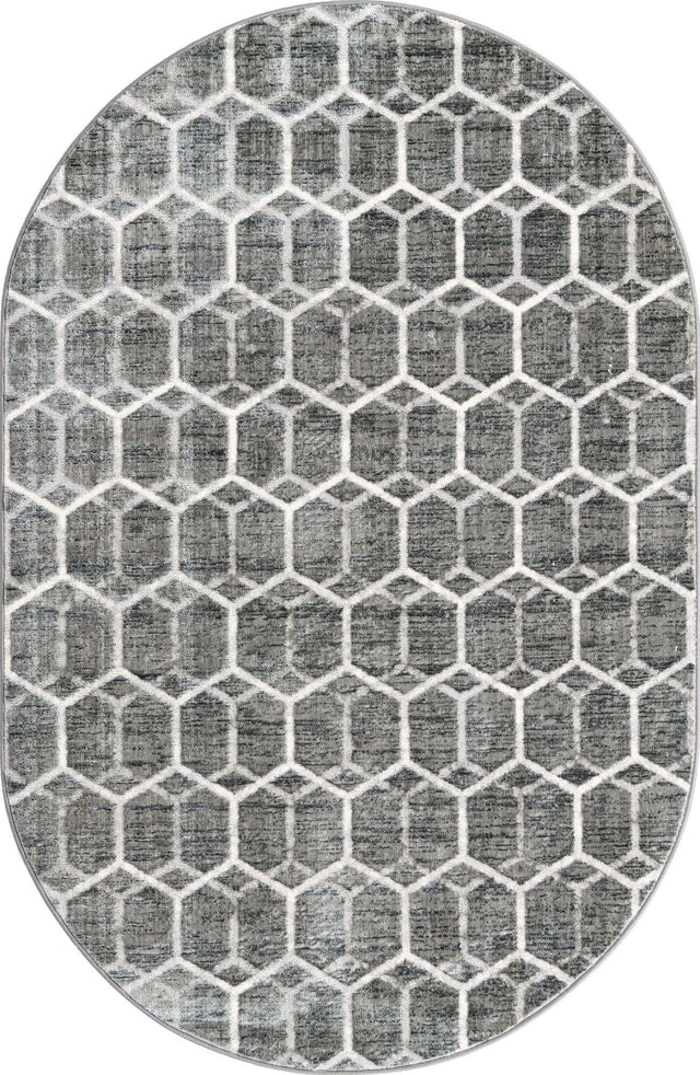 Grey 5' 3 x 8' Matrix Trellis Oval Area Rug 100% Polyester Geometric Pattern Modern Carpet for Living, Dining, Bedroom, Office for Sale at Rug Engine