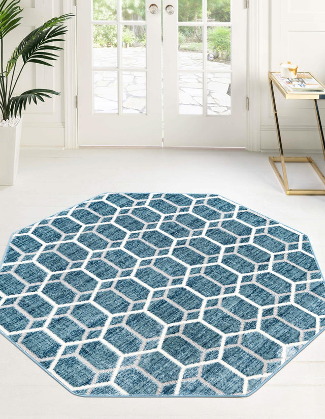 Blue 5' 3 x 5' 3 Matrix Trellis Octagon Area Rug 100% Polyester Geometric Pattern Modern Carpet for Living, Dining, Bedroom, Office for Sale at Rug Engine