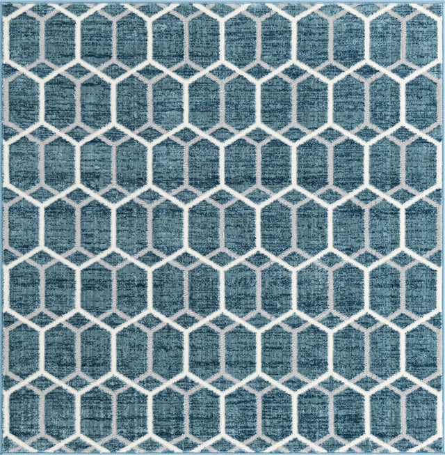 Blue 5' 3 x 5' 3 Matrix Trellis Square Area Rug 100% Polyester Geometric Pattern Modern Carpet for Living, Dining, Bedroom, Office for Sale at Rug Engine