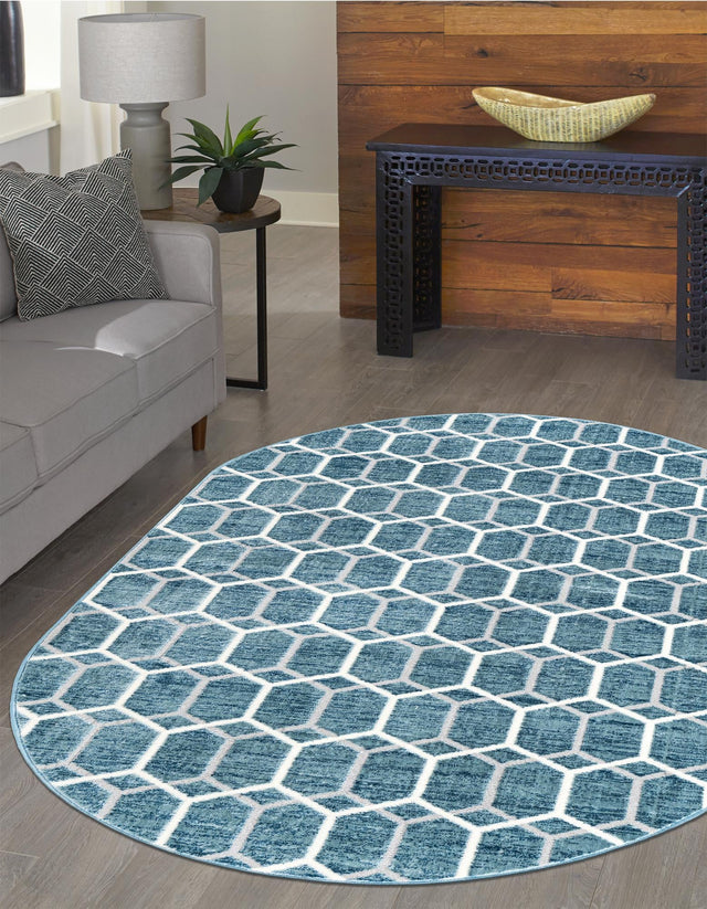 Blue 5' 3 x 8' Matrix Trellis Oval Area Rug 100% Polyester Geometric Pattern Modern Carpet for Living, Dining, Bedroom, Office for Sale at Rug Engine