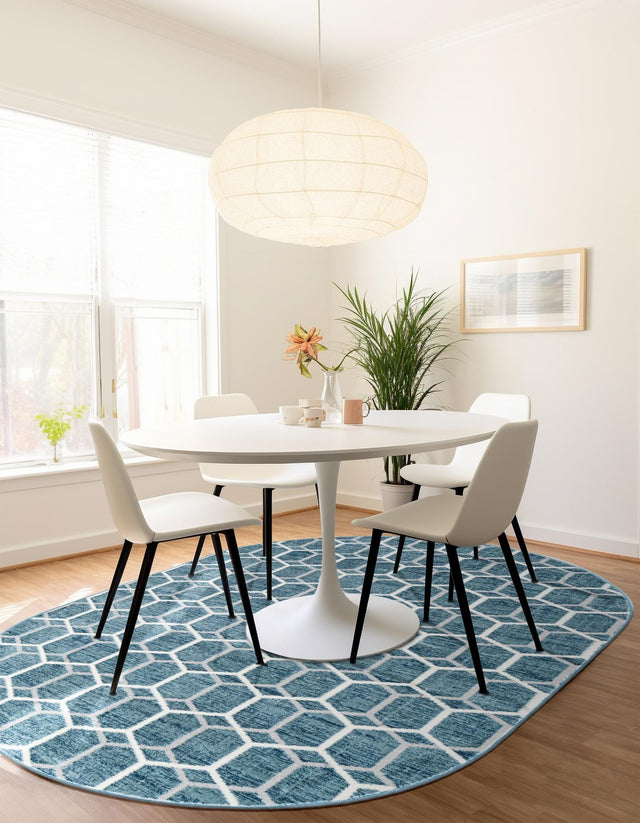 Blue 5' 3 x 8' Matrix Trellis Oval Area Rug 100% Polyester Geometric Pattern Modern Carpet for Living, Dining, Bedroom, Office for Sale at Rug Engine
