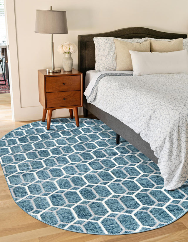 Blue 5' 3 x 8' Matrix Trellis Oval Area Rug 100% Polyester Geometric Pattern Modern Carpet for Living, Dining, Bedroom, Office for Sale at Rug Engine