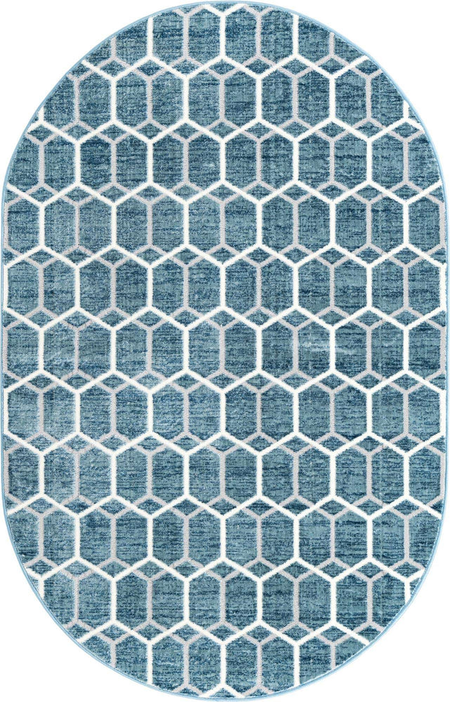 Blue 5' 3 x 8' Matrix Trellis Oval Area Rug 100% Polyester Geometric Pattern Modern Carpet for Living, Dining, Bedroom, Office for Sale at Rug Engine