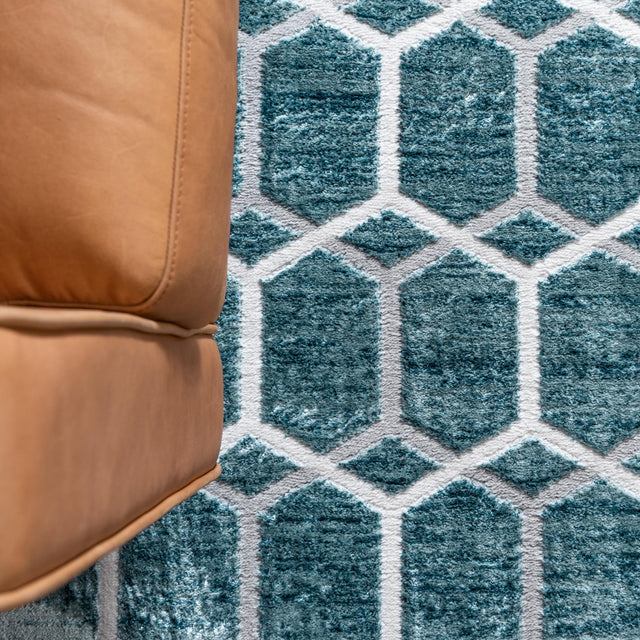 Blue 7' x 7' Matrix Trellis Square Area Rug 100% Polyester Geometric Pattern Modern Carpet for Living, Dining, Bedroom, Office for Sale at Rug Engine