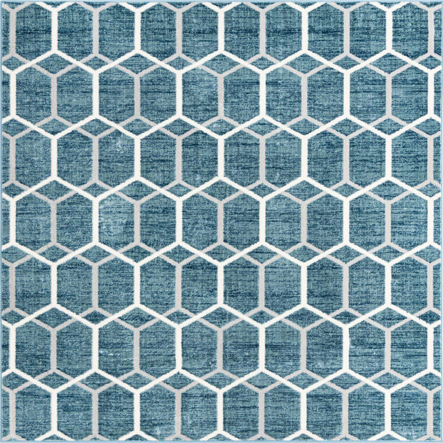 Blue 7' x 7' Matrix Trellis Square Area Rug 100% Polyester Geometric Pattern Modern Carpet for Living, Dining, Bedroom, Office for Sale at Rug Engine