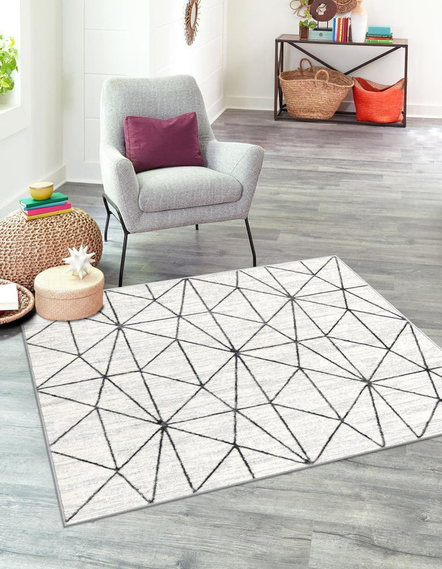 White 7' x 7' Matrix Trellis Square Area Rug 100% Polyester Geometric Pattern Modern Carpet for Living, Dining, Bedroom, Office for Sale at Rug Engine