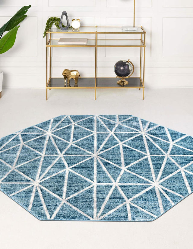 Blue 5' 3 x 5' 3 Matrix Trellis Octagon Area Rug 100% Polyester Geometric Pattern Modern Carpet for Living, Dining, Bedroom, Office for Sale at Rug Engine