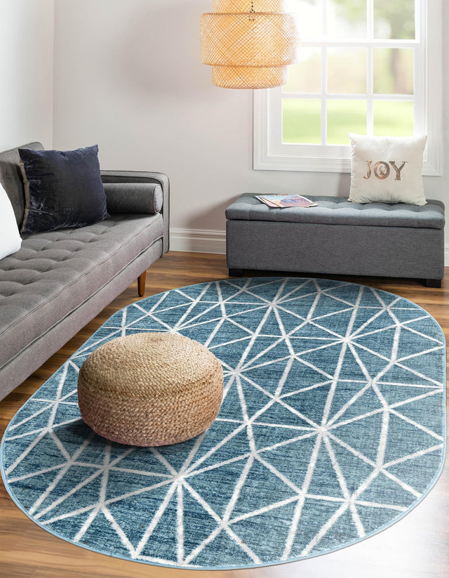Blue 5' 3 x 8' Matrix Trellis Oval Area Rug 100% Polyester Geometric Pattern Modern Carpet for Living, Dining, Bedroom, Office for Sale at Rug Engine