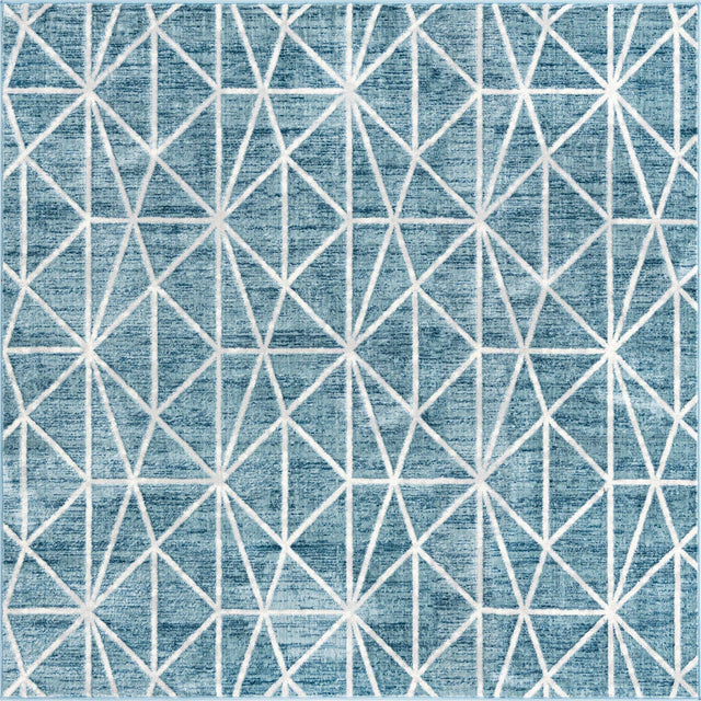 Blue 7' x 7' Matrix Trellis Square Area Rug 100% Polyester Geometric Pattern Modern Carpet for Living, Dining, Bedroom, Office for Sale at Rug Engine