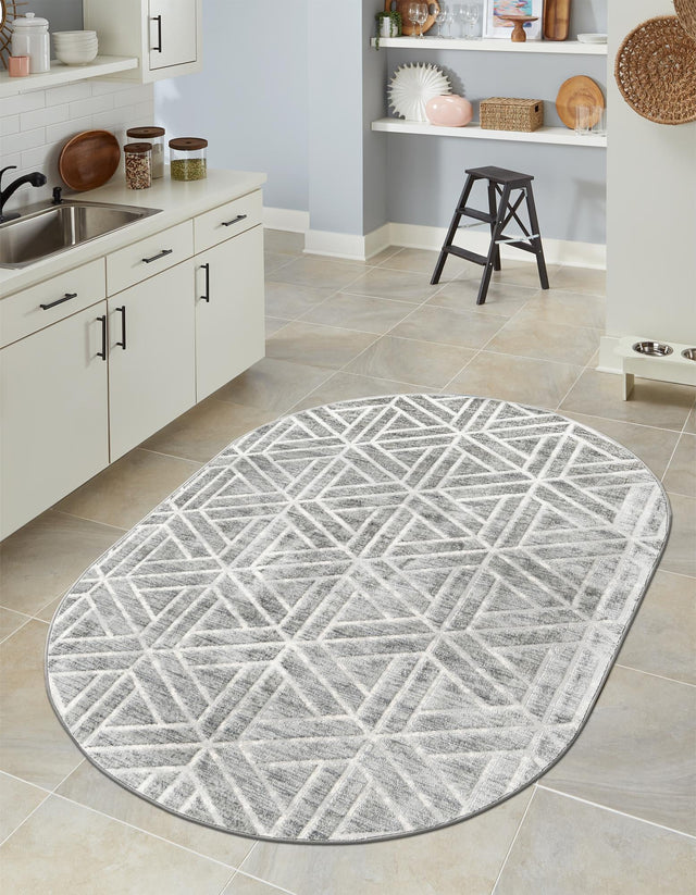 Gray 5' 3 x 8' Matrix Trellis Oval Area Rug 100% Polyester Geometric Pattern Modern Carpet for Living, Dining, Bedroom, Office for Sale at Rug Engine