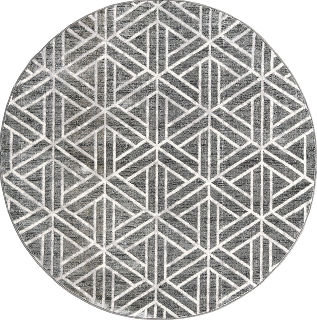 Gray 7' x 7' Matrix Trellis Round Area Rug 100% Polyester Geometric Pattern Modern Carpet for Living, Dining, Bedroom, Office for Sale at Rug Engine